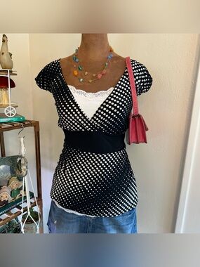 Vintage Y2K Preppy Black + White Polka Dot Babydoll V-Neck Top by Hot Tempered